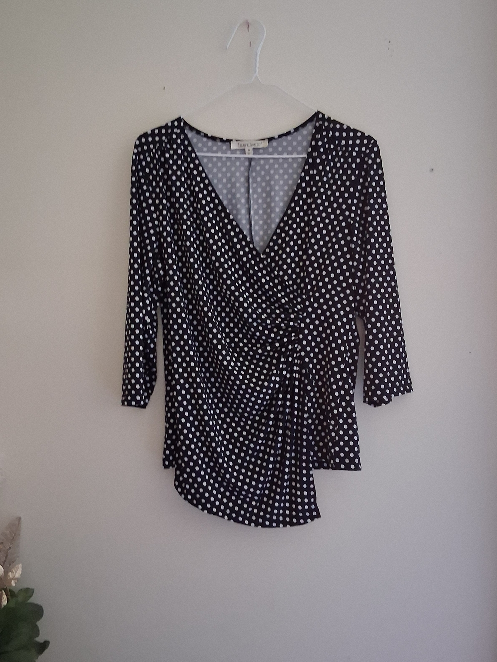 TravelSmith Black and White Polka Dot Wrap Blouse